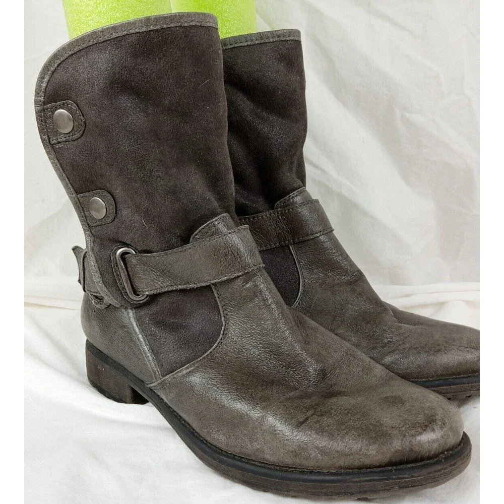 Bare Traps Select Gray Taupe Leather Ankle Boots Faux Fur Lined Womens 8 M - Picture 1 of 8